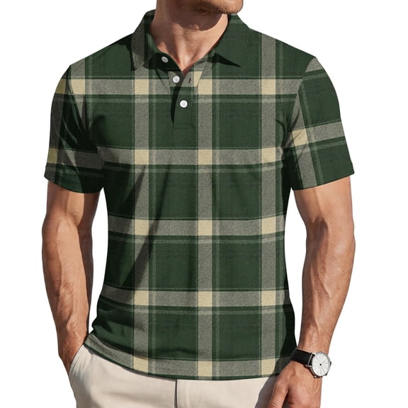 Homeyce Polo Shirts for Men Collared Short Sleeve Shirts Button Fashionable Business Athletic Casual Polo Sweatshirt Plaid Golf T Shirt,Green 3XL