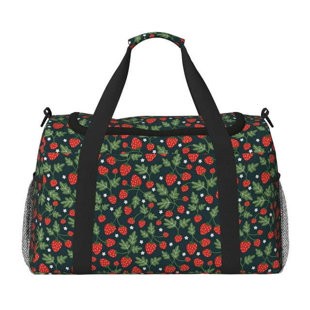 Xecao Strawberry Pattern Lightweight Crossbody Weekender Bag Mesh Side Pockets Padded Handles Sports Outdoor Gear Organizer