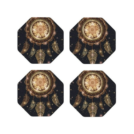 

Fuzoiu Dreamcatcher With Mandala Print Leather Coasters Set Drink Coasters Set of 4 for Tabletop Protection Durable PVC Coasters Home Décor and Housewarming Gift-Octagon