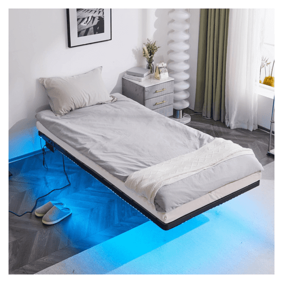 SKTPI Twin Floating Bed Frame with USB Charging Station/LED Lights, 14'' Platform Bed Frame Twin Size Heavy Duty Metal Bed, No Box Spring Needed