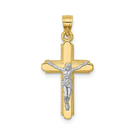 10k Real Yellow Gold Crucifix Cross Pendant Necklace with Rhodium Detail for Men and Women Christian Two Tone Religious Fine Jewelry