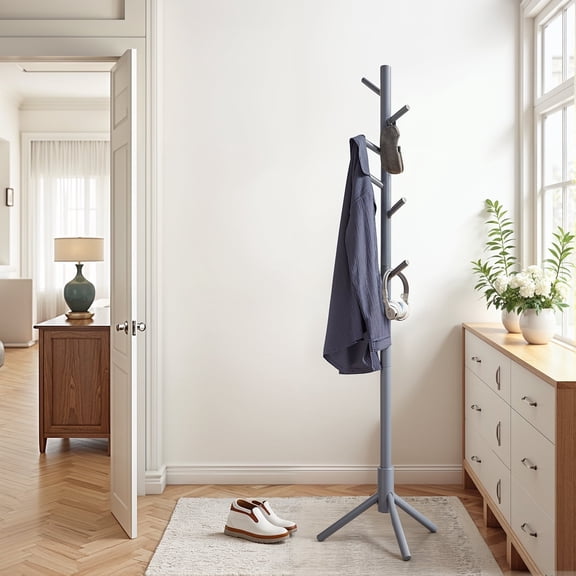 Tree-Shaped Free Standing Coat Rack, Solid Wood with 8 Hooks, Adjustable 3-Section Height (68.9"), Triangular Base for Stability, Holds 53 lb, for Hallway，Bedroom，Office, Grey