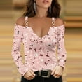 thumbnail image 2 of WREESH Womens Fashion Off The Shoulder Tops Slim V Neck Casual Patchwork Color Printing T-Shirts Long Sleeve Pullover Blouse Tops Pink, 2 of 5