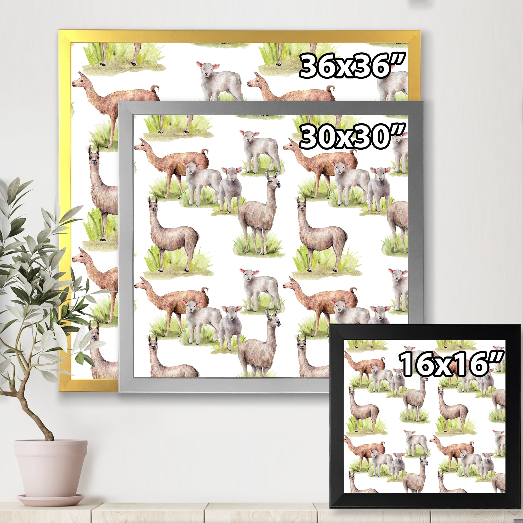 Designart 'Lambs and Lamas On A Green Meadow' Farmhouse Framed Art Print