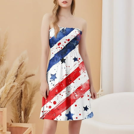 CHCNHAC Tube Dresses for Women 4th Of July Flattering Dresses Patriotic Stars and Stripes Print Flowy Swing Strapless Tea Party Dress Red 2XL