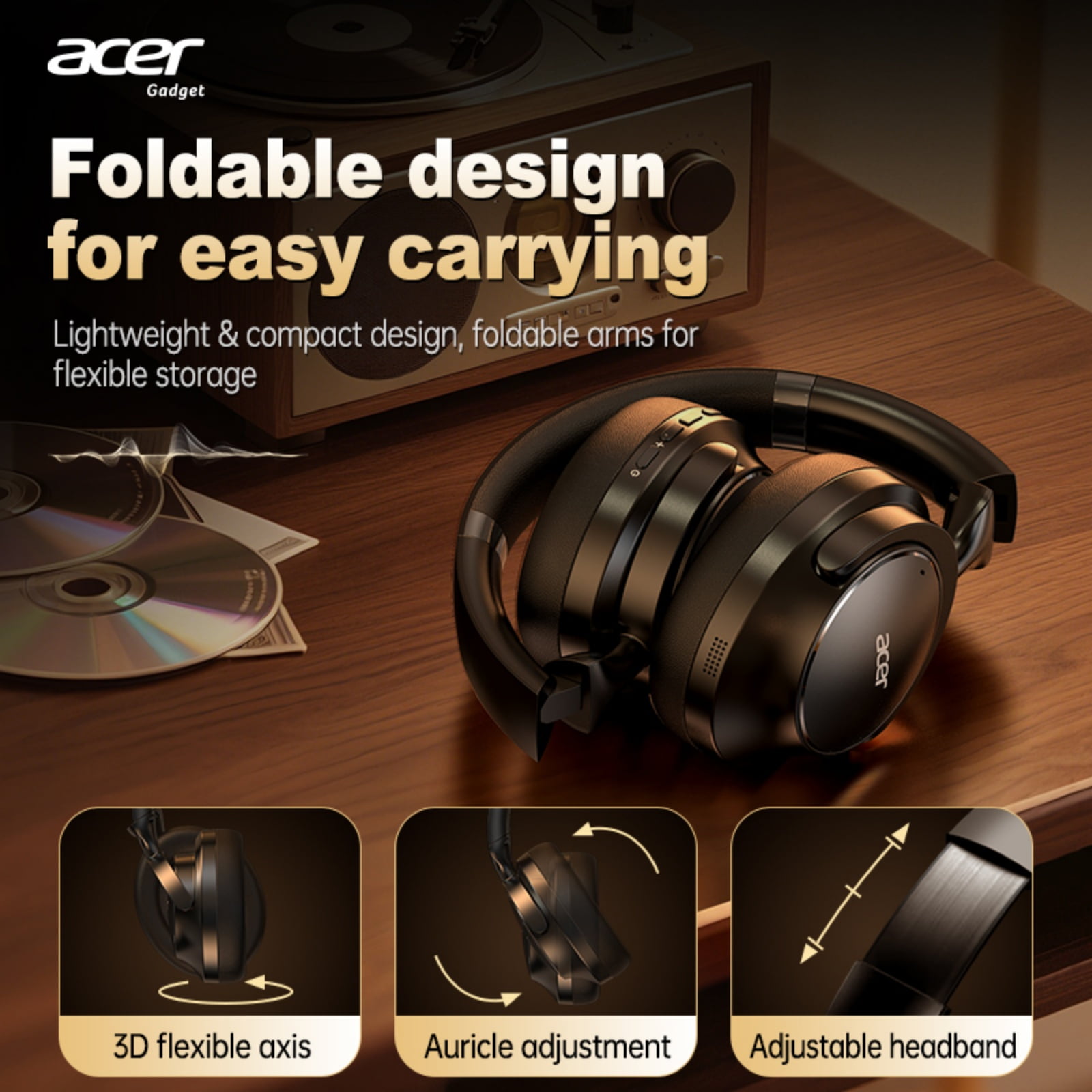 Acer Active Noise Cancelling Wireless Over-Ear Bluetooth Headphones with Microphone for Clear Call