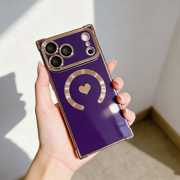 Designed for iPhone 17 Pro Max Magnetic Phone Case,Compatible with Wireless Charging,Cute Electroplated Heart Design,With Lens Film,Shockproof Anti-fall TPU Electroplated Phone Case,Darkpurple