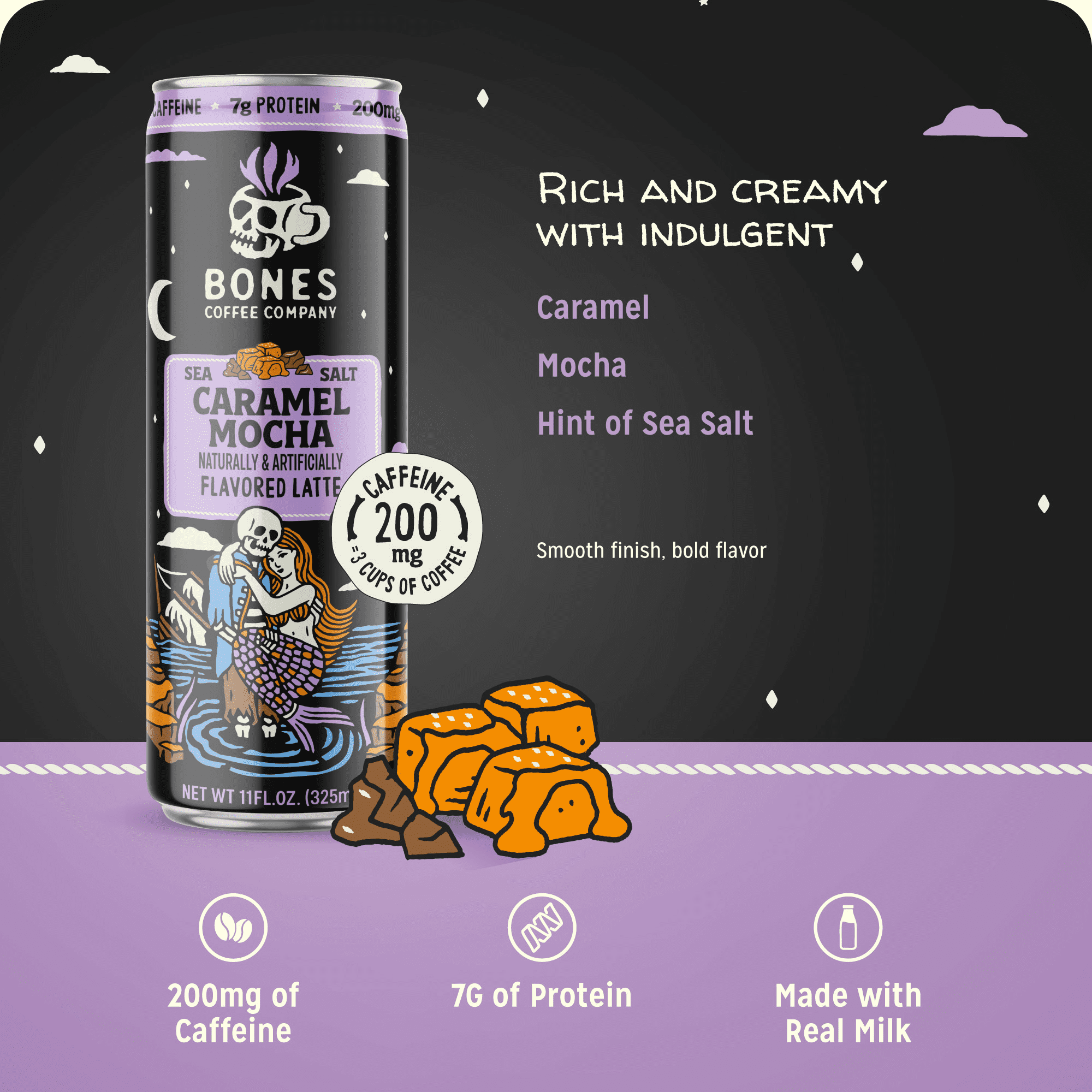 (4 pack) Bones Coffee Company Sea Salt Caramel and Chocolate Flavored Iced Coffee Latte, Ready To Drink Canned Coffee, 11 fl oz Can