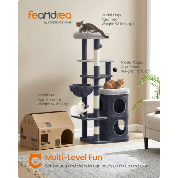 Tall Cat Tree, Multiple-Level Cat Tower with 2 Caves, 3 Scratching Posts, Dark Gray