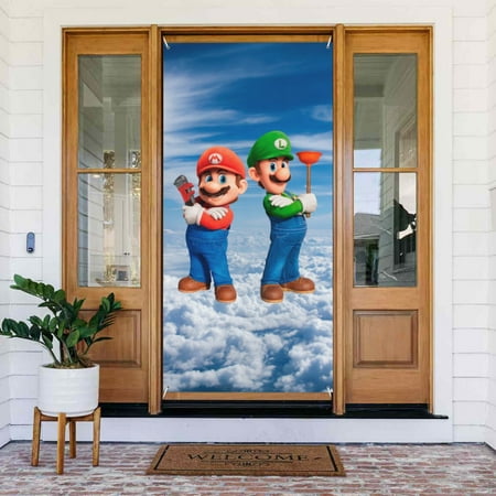 Mario And Luigi Door Cover Decorated Banner Tapestry Home Decoration Holiday Party Supplies Door Banner Porch Sign Banner 72.8 x 35.4 Inch
