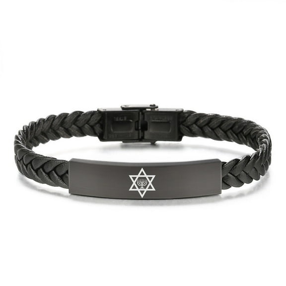 Black Israel Menorah Hanukkah Leather Bracelet Jewish Star Of David Hexagram Symbol Religious Israelites Bangle, 8.26 inches