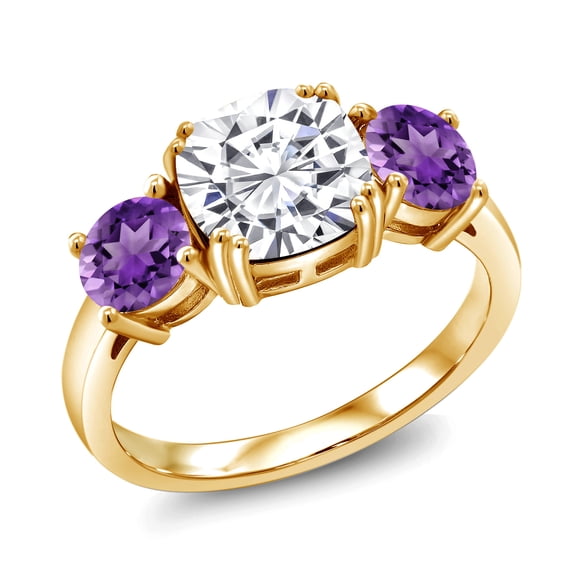 Gem Stone King 18K Yellow Gold Plated Silver White Moissanite and Purple Amethyst 3 Stone Engagement Ring for Women (3.35 Cttw, Gemstone, Cushion 8MM, Size 8)