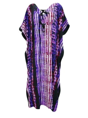 Mogul Women Maxi Caftan Dress Purple Printed Kimono Sleeves Cover up Resort Wear Long Kaftan