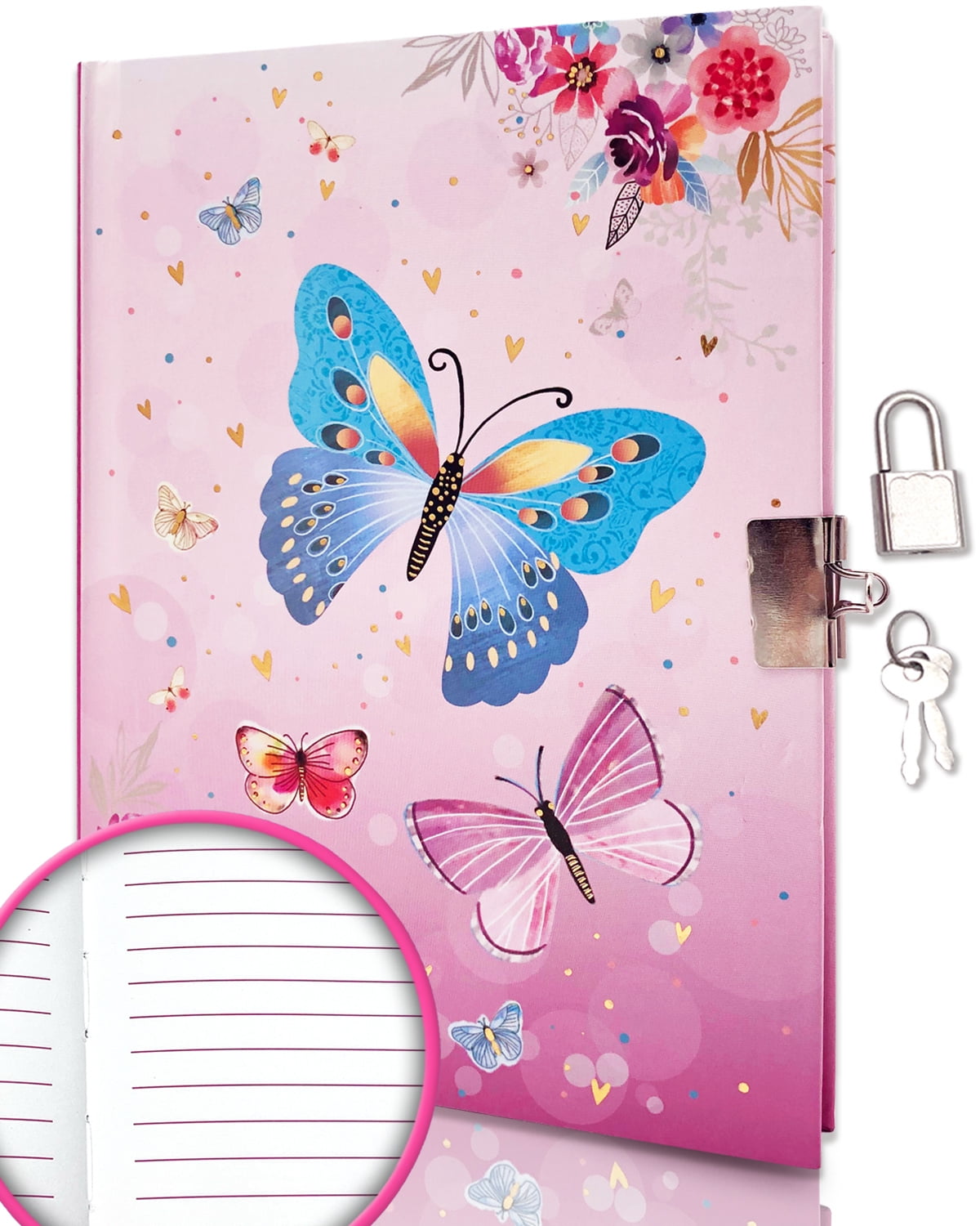 Girls Diary with Lock for Kids, GINMLYDA 7x5.3 Inch 160 Pages Secret Pink Journal for Teenage Girls with lock for Preschool Learning Writing Drawing Gift Cute Butterfly Notebook