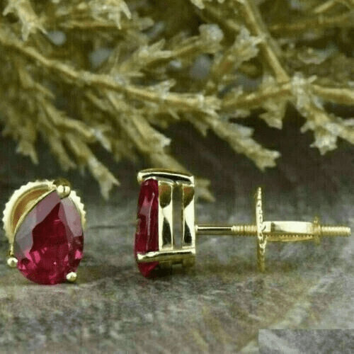 Radiant Jewelry 2Ct Pear Cut Red Ruby Stud Earrings 14k Yellow Gold Plated 925 Sterling Silver Screw Back Solitaire Earrings for Women