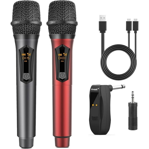 Aveek Wireless Microphone for Karaoke, Rechargeable  Microphone,for Speaker,Karaoke Machine,Speech,Wedding,Party Singing,Grey&Red,2 packs