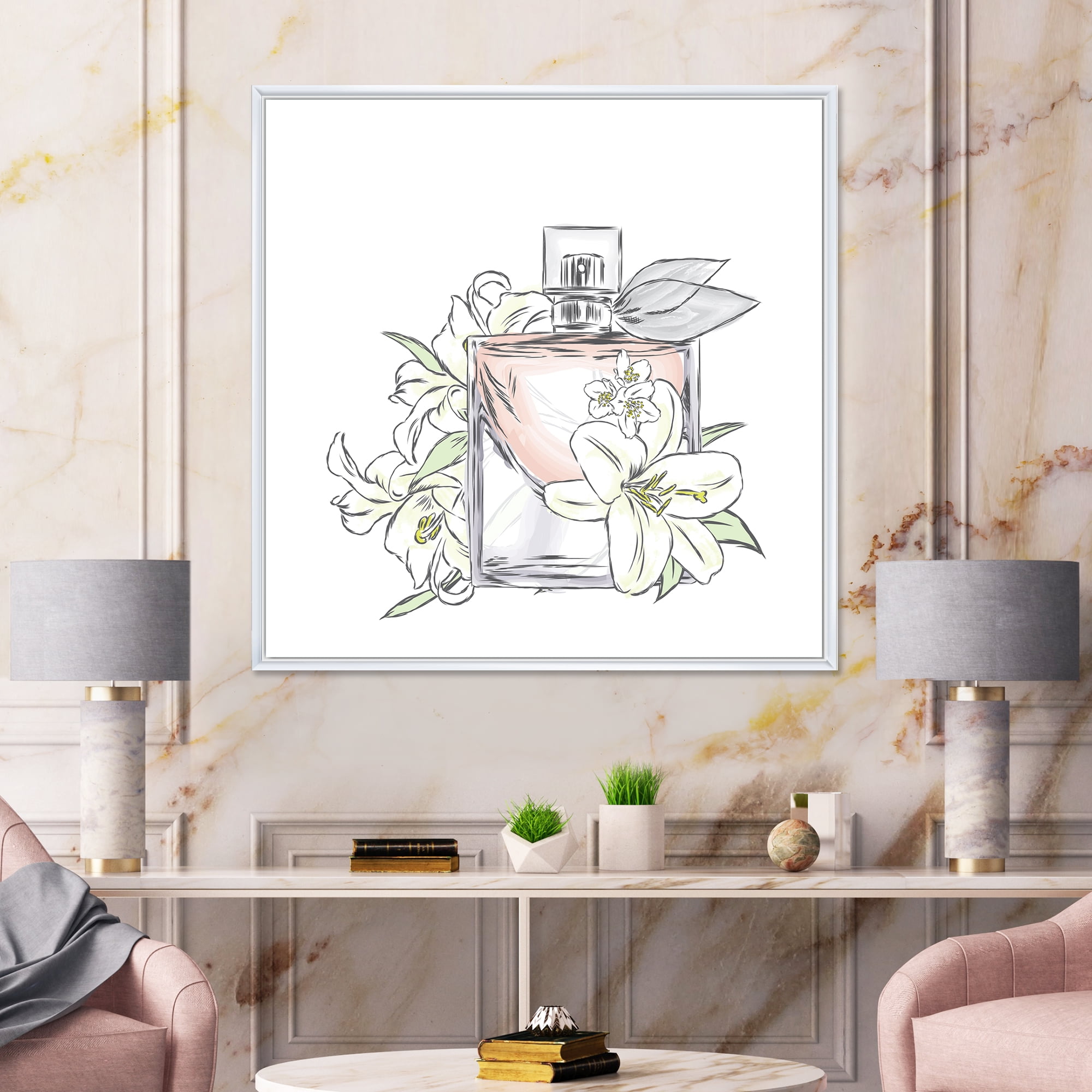 Bouquet of Flowers and Perfume Bottle II 30 in x 30 in Framed Painting Canvas Art Print, by Designart