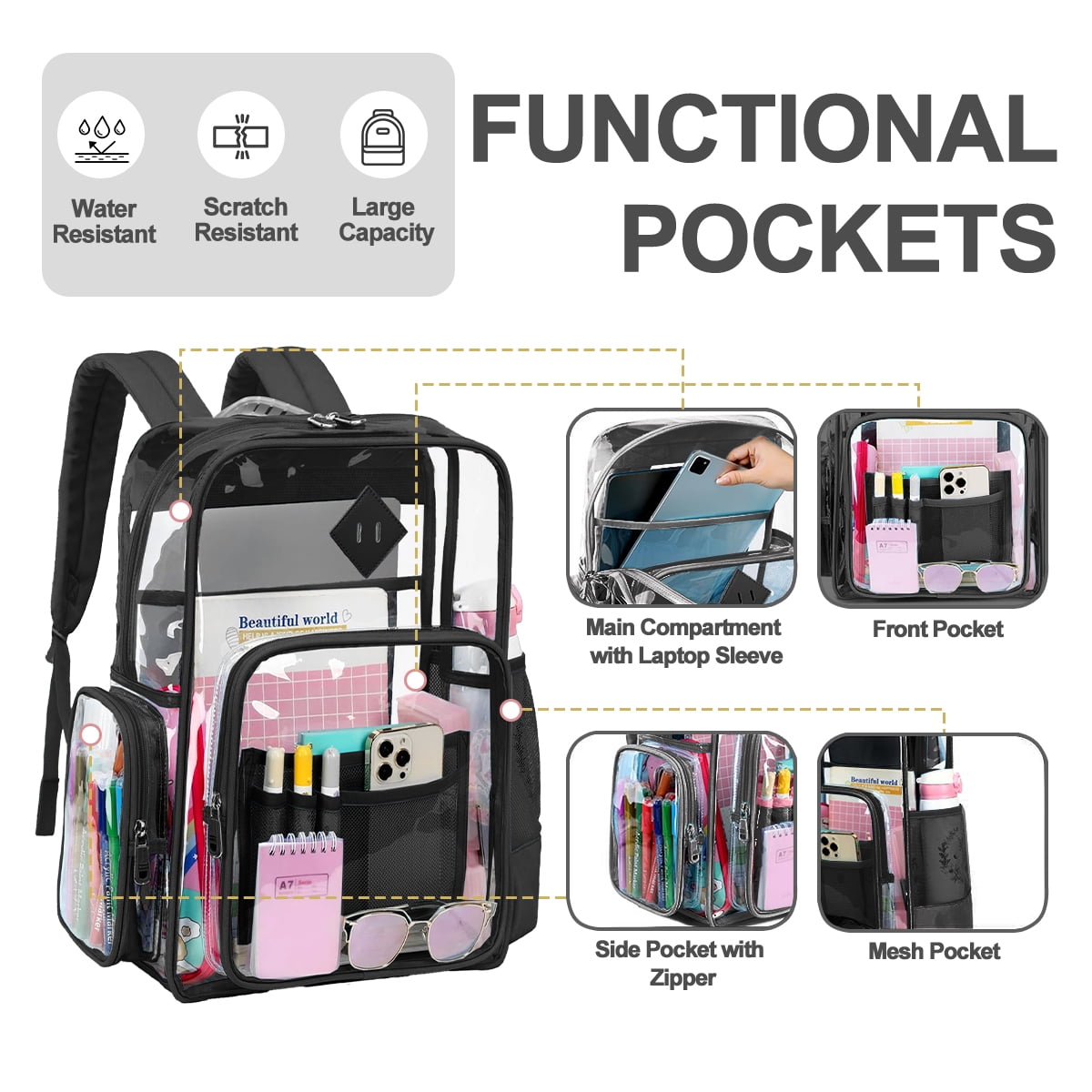 Sanmadrola Clear Backpack Heavy Duty Stadium Approved School Bookbag PVC Backpacks for Adults Travel