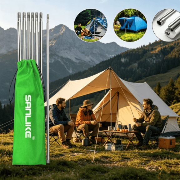 SANLIKE 2pcs Stainless Steel Light Poles Tent Pole Rod Tarp Poles Canopy Pole Adjustable Pole Tent with Storage Bag 10 Sections Steel Pole Camping Equipment