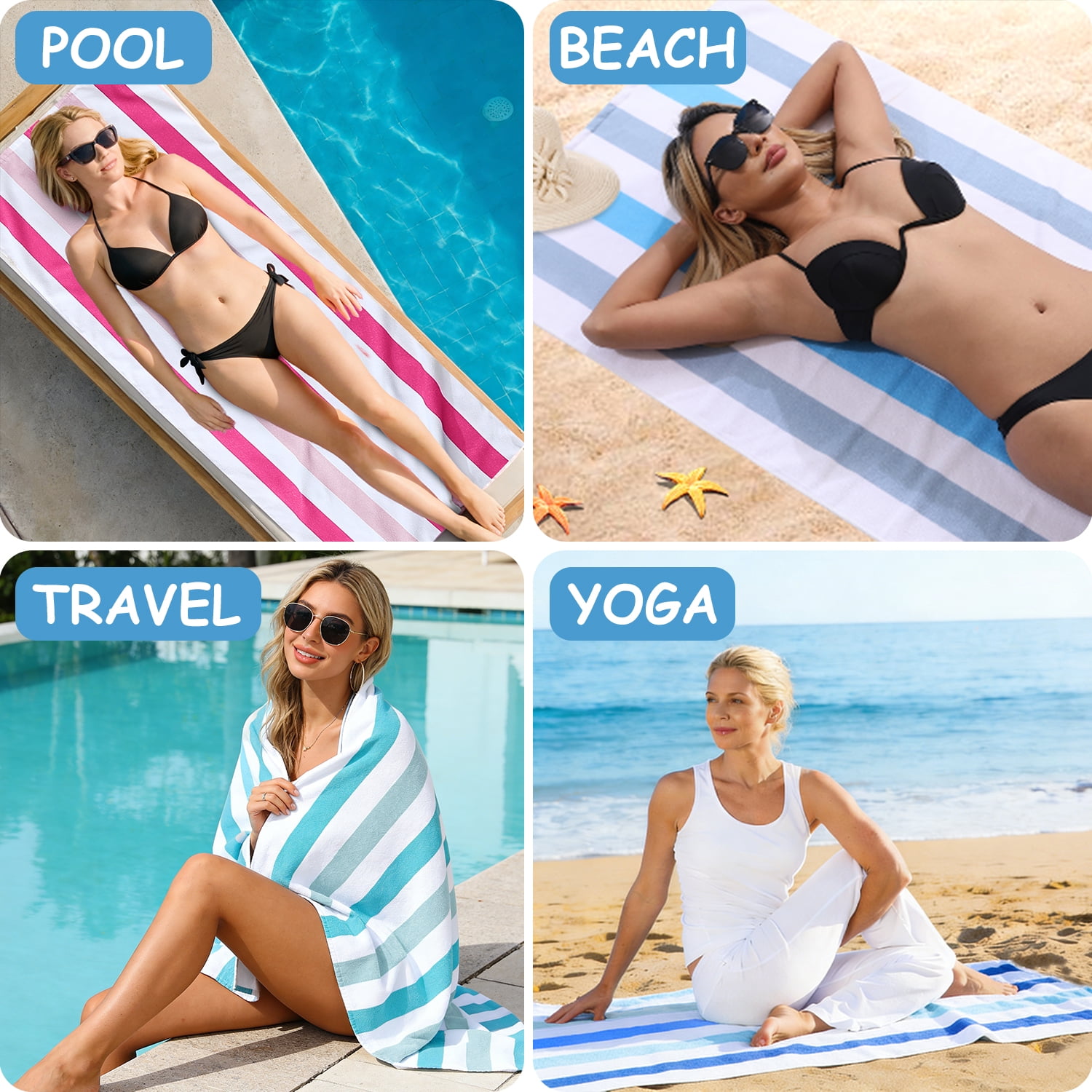 Jessy Home 4 Pack Navy Blue Purple Oversized Beach Towel Set, 40"x70" Striped Beach Towels Super Absorbent Towels for Beach, Pool