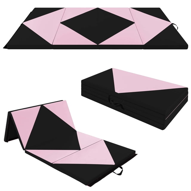 Costway Folding Gymnastics Mat 8' x 4' x 2'' PU Leather Tumbling Exercise Mat Yoga Gym Light Pink+Black