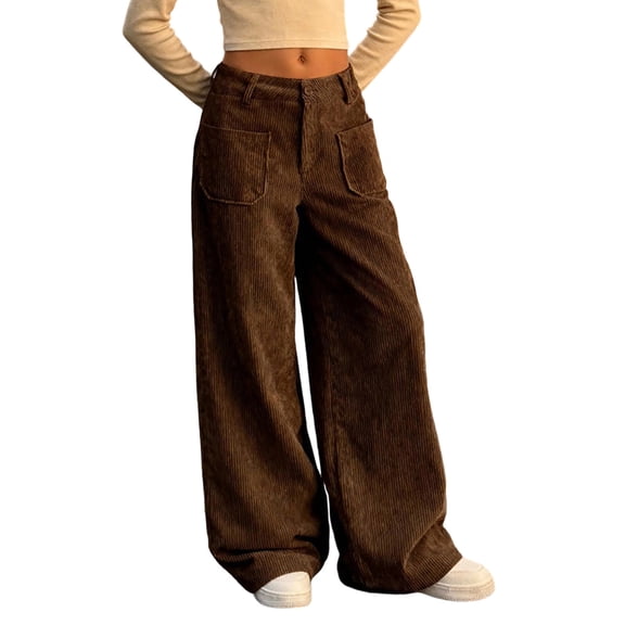 RUTAYY Teen Girls Corduroy Pants Solid Color Wide Leg Pants Button Front Zipper Straight Leg with Pockets Versatile Travel Trousers