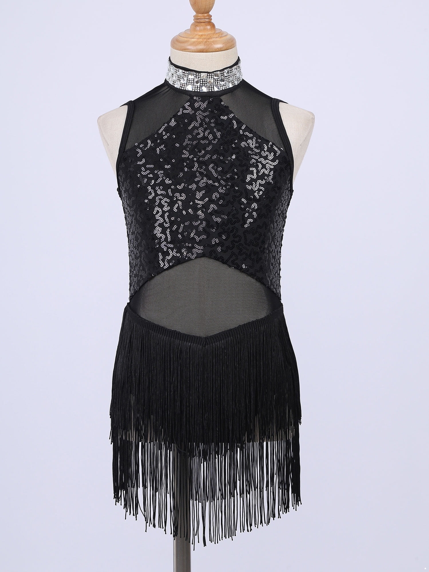 YUUMIN Girls Sequins Halter Crop Tops Tassel Modern Jazz Dress