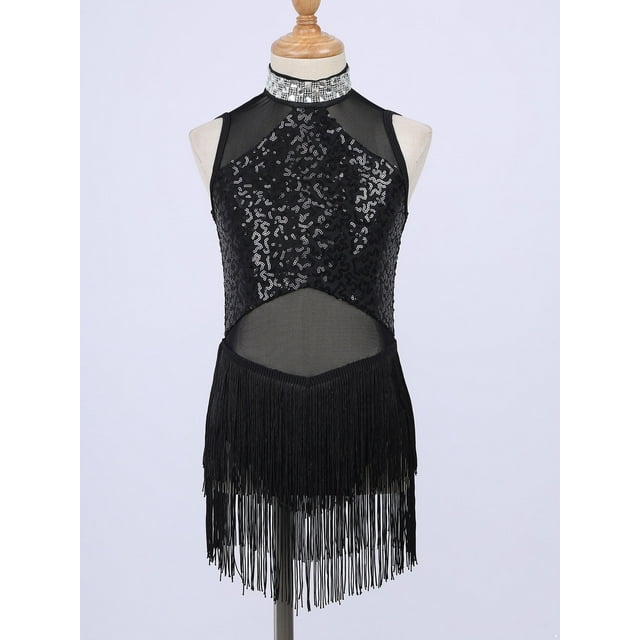 Moggemol Robe de Danse Latine pour Filles Enfants en Maille avec Strass et Franges Robe de Samba Jazz Salsa Tango Rumba Tenue de Danse de Salon Noire 10