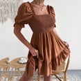 thumbnail image 3 of Mrat Women's Short Puff Sleeve Squares Neck Solid Flowy a Line Short Dresses Can Wear off Shoulder S-24 Brown s, 3 of 6