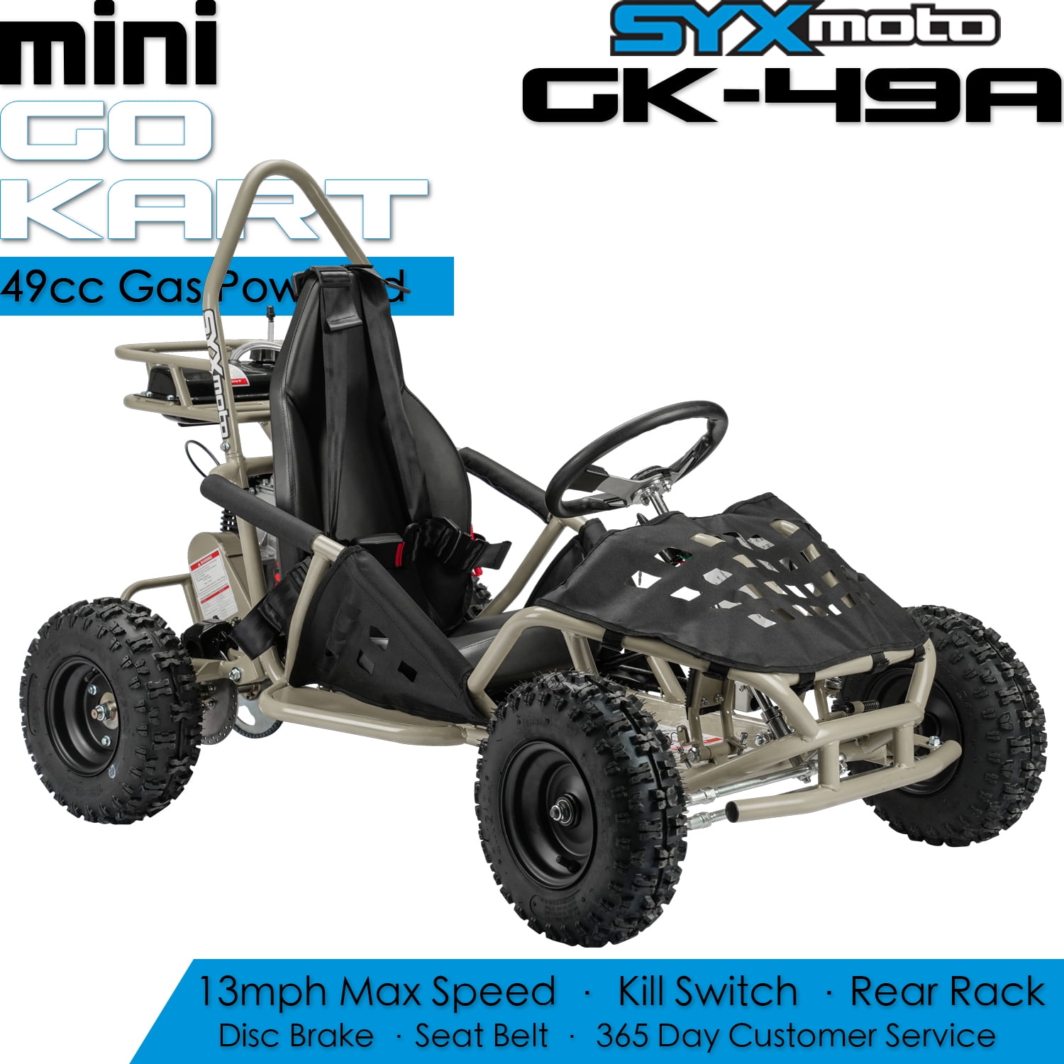 SYX MOTO GK-49A 50cc 4 Stroke Gas Powered Kids Ride on 1-Seater Go Kart, Cement Grey