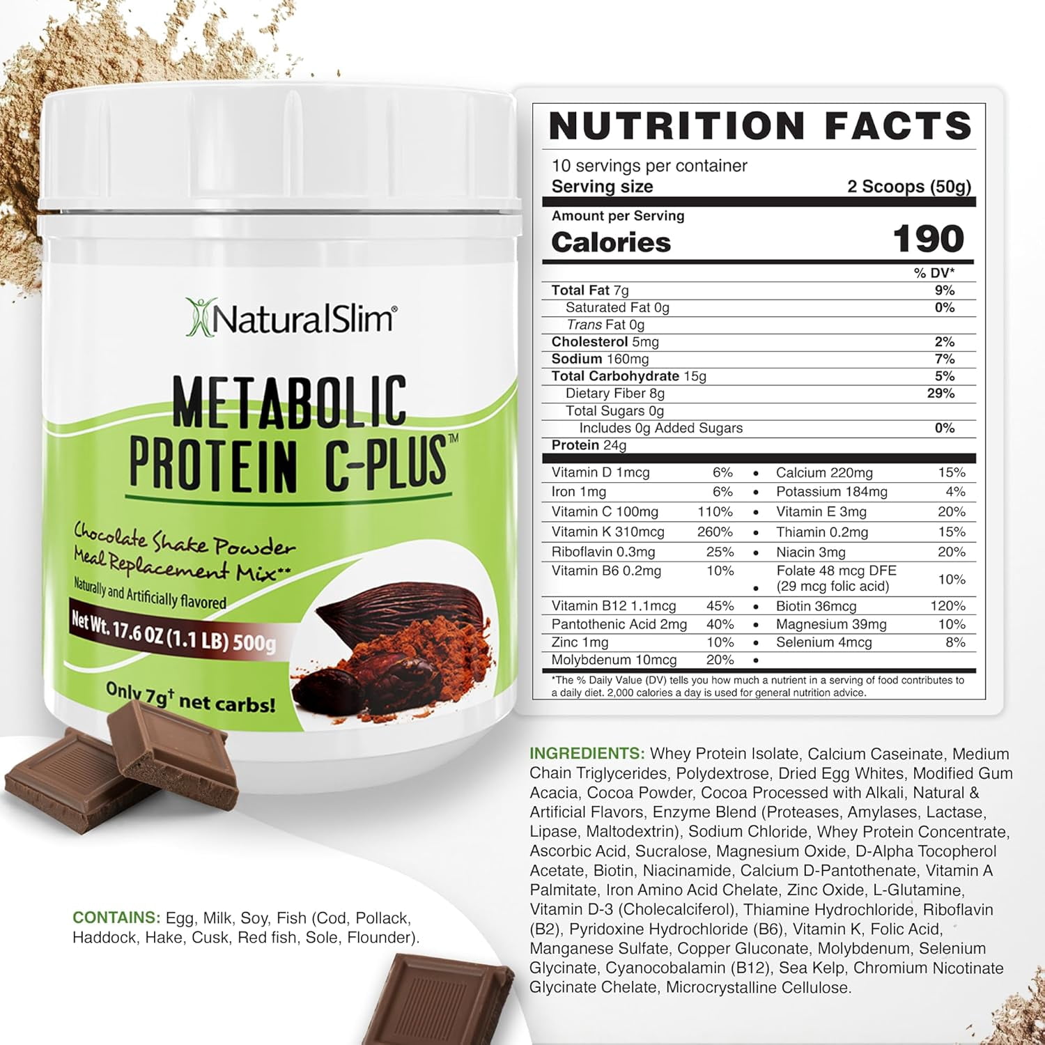 NaturalSlim Metabolic Protein C-Plus - Whey Protein Shake Powder Chocolate, 10 Servings