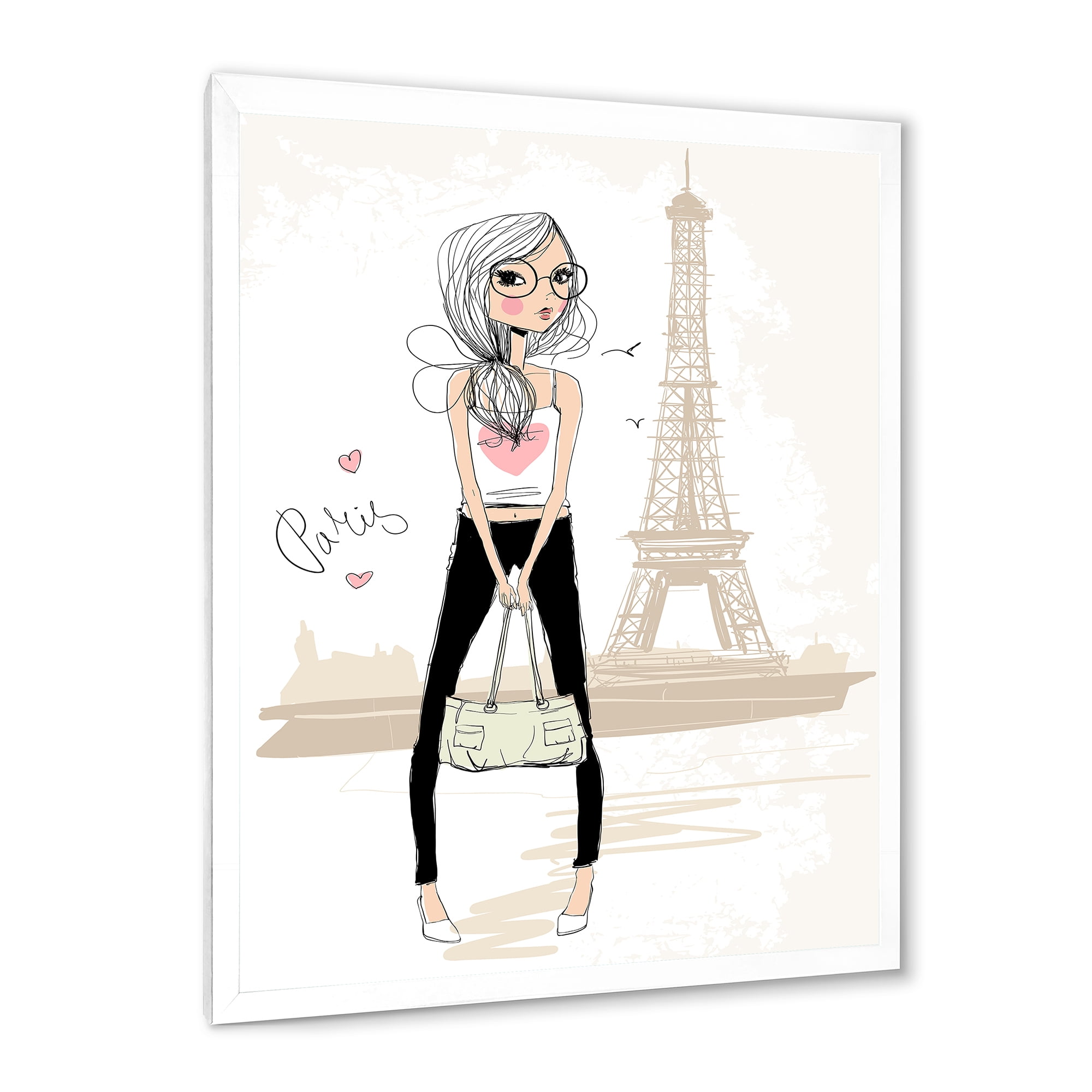 Designart 'Cute Girl By The Tour Paris Eiffel Tower' Children's Art Framed Art Print
