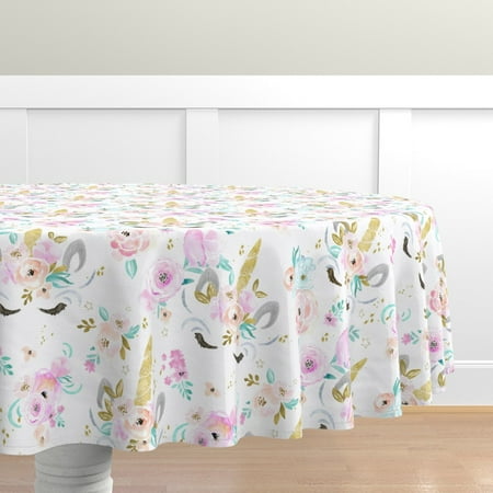 

Cotton Sateen Tablecloth 70 Round - Watercolor Unicorn Floral Animal Magical Baby Girl Pink Aqua Pastel Print Custom Table Linens by Spoonflower