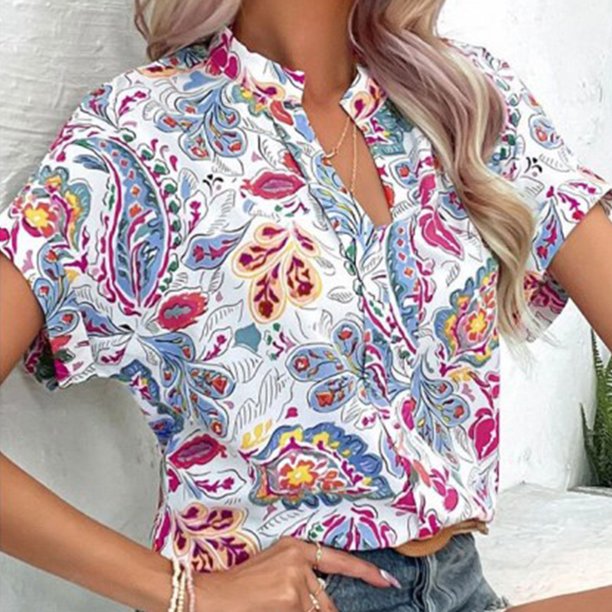 Camisa Camisas casuales para mujer Camisas con estampado floral con cuello en V de moda Tops de oficina (Azul XL) Cgtredaw Azul T XL para Mujer
