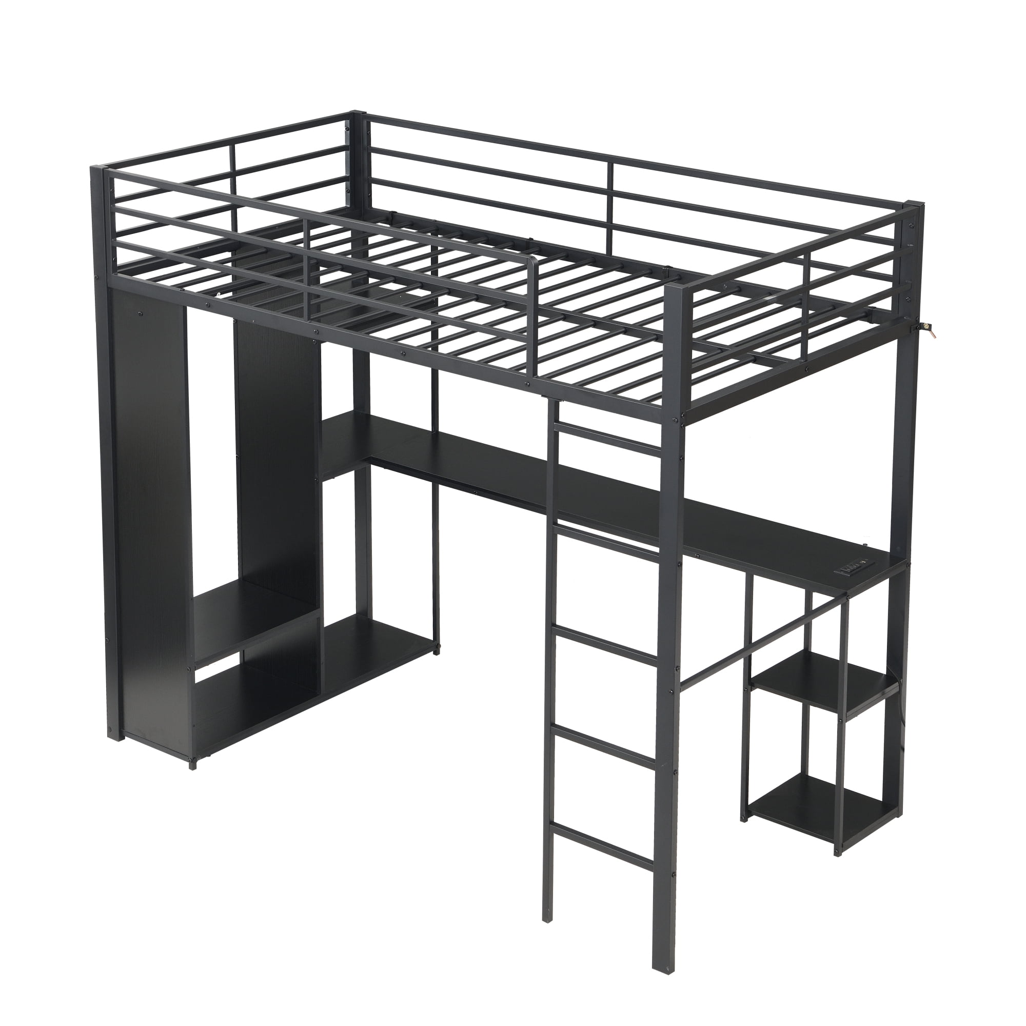 Leumius Twin Metal Loft Bed with Length Desk & Open Storage Cabinet, Multi-function Space Maximizing High Loft Bed for College Dorm Youth Room Apartment Guest