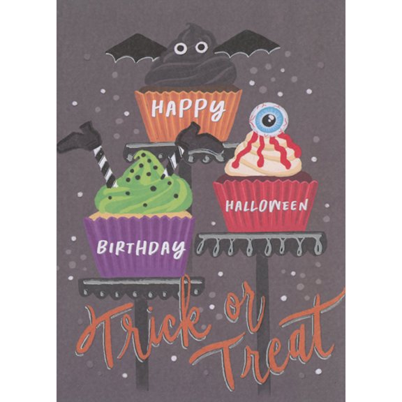 Designer Greetings Happy Halloween Birthday: Three Cupcakes on Pedestals Halloween Birthday Card for Kids
