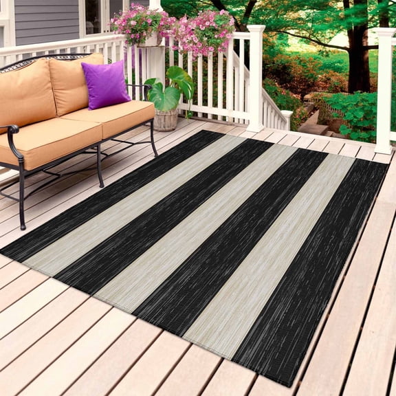 Black White Striped Outdoor Rug 4x6 Ft, Non Slip Washable Area Rug, Farmhouse Vintage Shabby Chic Wood Grain Patio Rugs Carpet Runner, Large Floor Mat for Indoor/Outdoor Deck Porch Camping