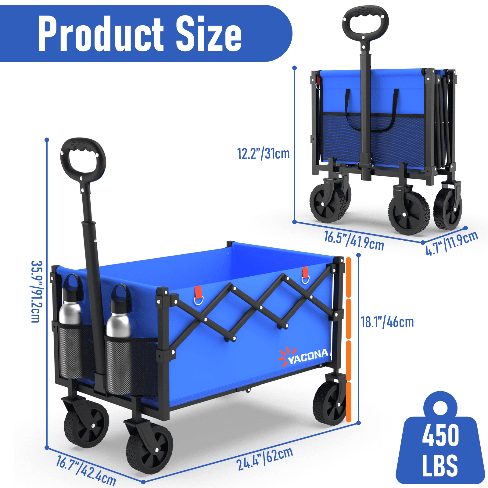 Yacona Wagons Carts Foldable, 450 lb Capacity Folding Wagon Cart with Wheels for Camping, Garden, Shopping, Blue
