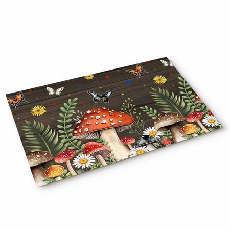 Spring Mushroom Door Mat Daisy Butterfly Leaf Walnut Wood Non Slip Absorbent Entrance Mat Washable Low Profile Indoor Doormat for Front Door Entryway Entry 18 x30