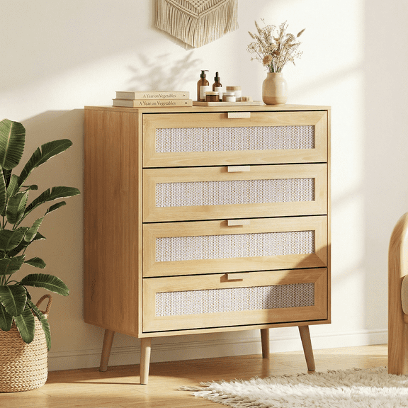 GALAXHERO 4 Drawers Dresser, Rattan Boho Chest of Drawers for Bedroom, Wood Storage Cabinet with Metal Handle for Living Room, Closet, Hallway