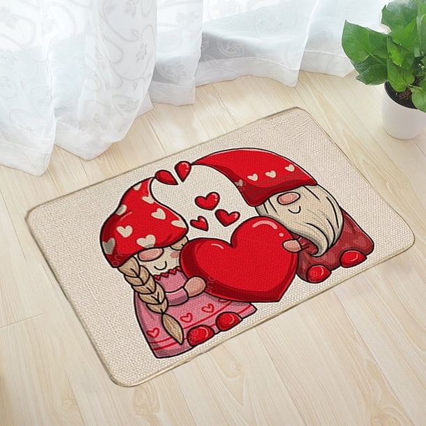 Felpudo de San Valentín | Felpudo de bienvenida de poliéster antideslizante de 40 x 60 cm | Alfombra para puerta de entrada interior y exterior con diseño de corazones y gnomos de San Valentín | De