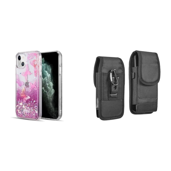 Liquid Glitter Case for iPhone 14 and Belt Holster Pouch - Pink Butterfly
