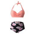 thumbnail image 3 of Girls Two Piece Swimsuit Women Vintage Swimsuit Two Piece Retro Halter Ruched High Waist Print Bikini Set, 3 of 6