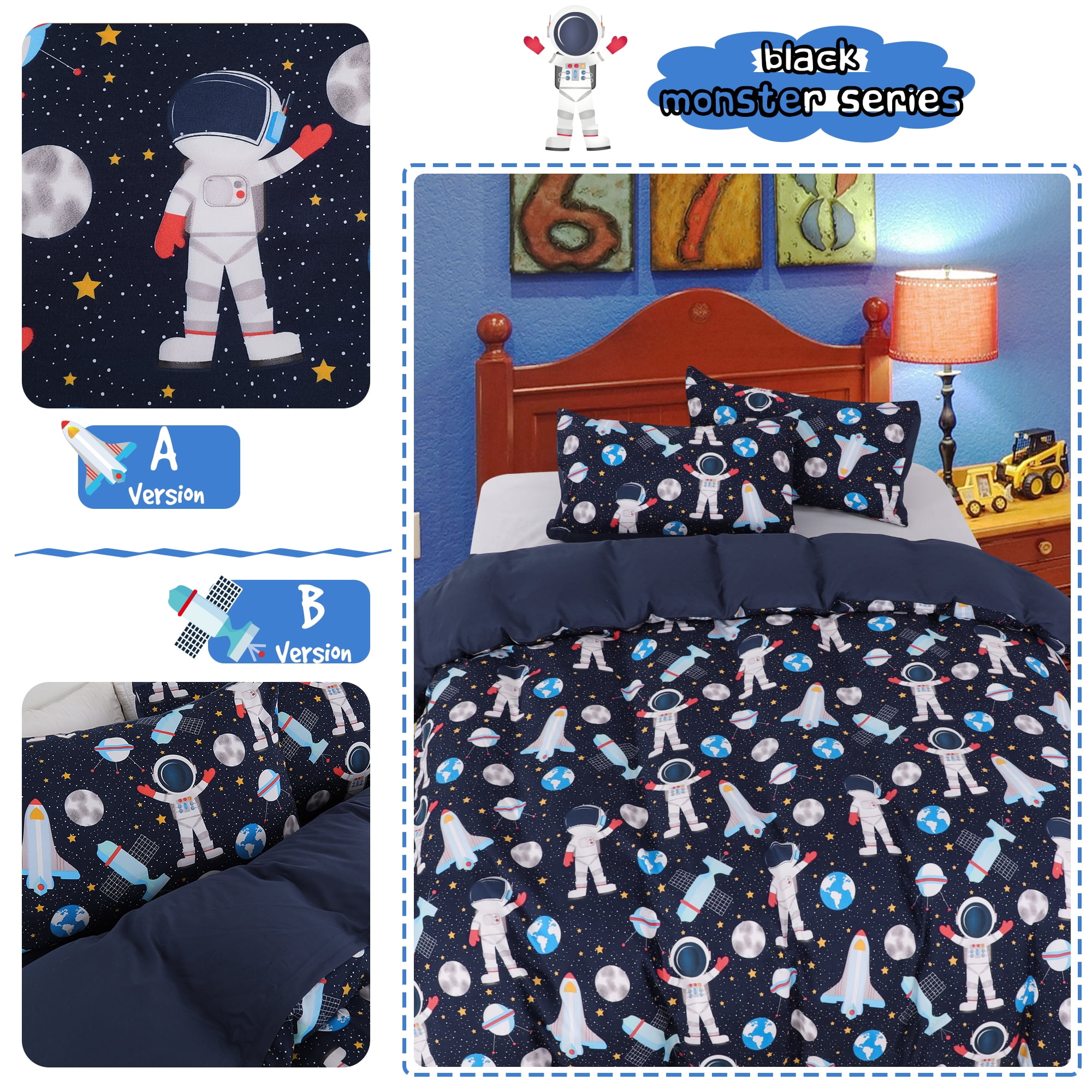Unique Bargains 5 Piece Polyester Space Astronaut Pattern Kid Bedding Set Queen