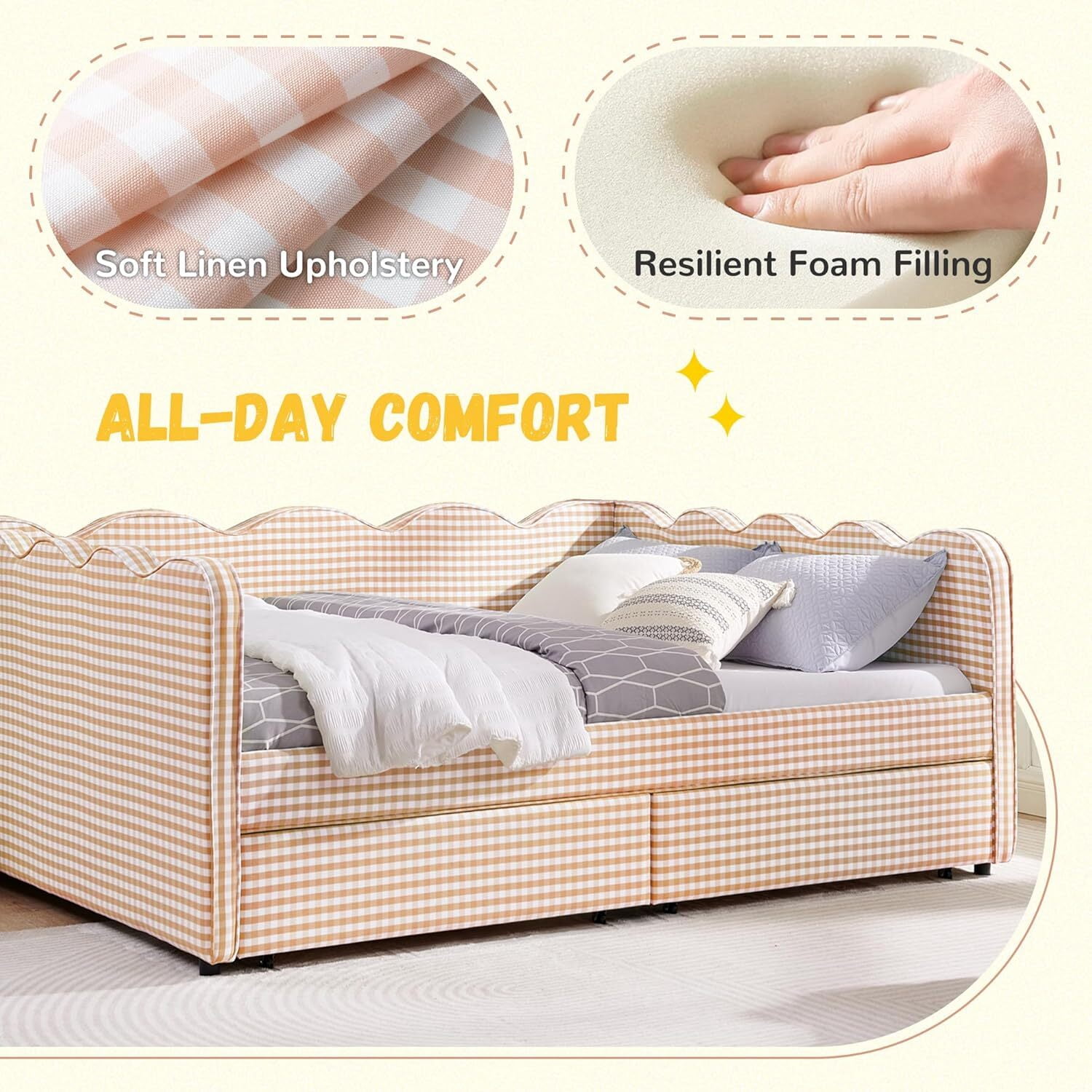 avobird Cozy Gingham Daybed with 2 Storage Drawers Queen Size Sofa Bed for Living Room, Sleeper Sofa with USB Port and Adorable Wave Shaped, Linen Fabric, Pink