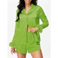 thumbnail image 2 of LMLYSoH Women's Satin Outfits Solid Color Lapel Long Sleeve Tops with Feather Cuffs + Shorts Set Fashion Clothes, 2 of 8