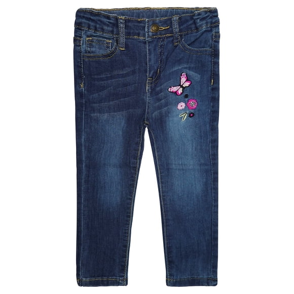 KIDSCOOL SPACE Jeans pour Petites Filles, Bande Élastique Intérieure Brodée Butterfly en Denim Extensible Doux Pantalon Ajusté
