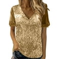 thumbnail image 1 of mfyjkho Tops De Moda Para Mujer, Camiseta De Manga Corta Con Cuello En V Y Parches De Terciopelo Con Lentejuelas De Color Liso Para Mujer Tops De Gimnasio Para Mujer L, 1 of 5