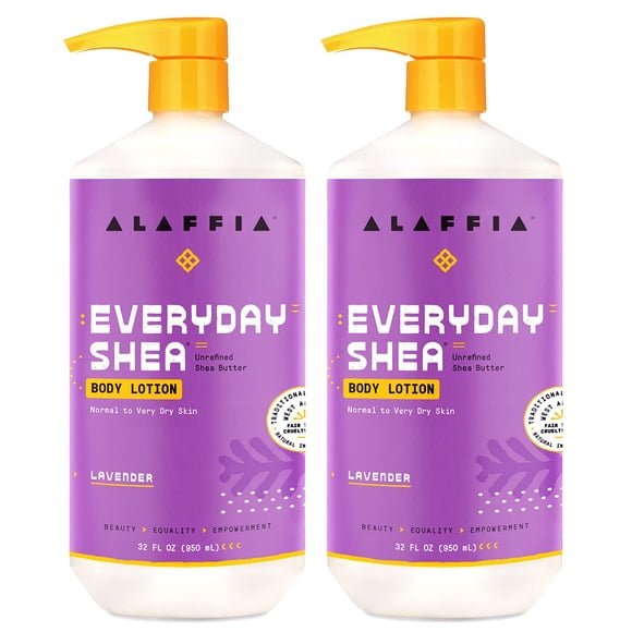 Alaffia Everyday Shea Body Lotion - Soporte hidratante para piel normal a muy seca para piel hidratada, suave y flexible con manteca de karité y hierba de limón, lavanda de comercio justo, paquete de