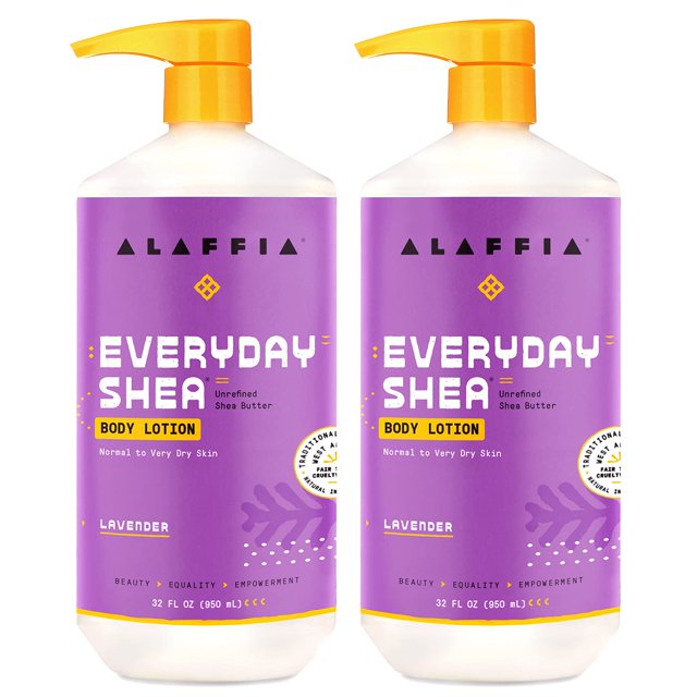 Alaffia Everyday Shea Body Lotion - Soporte hidratante para piel normal a muy seca para piel hidratada, suave y flexible con manteca de karité y hierba de limón, lavanda de comercio justo, paquete de